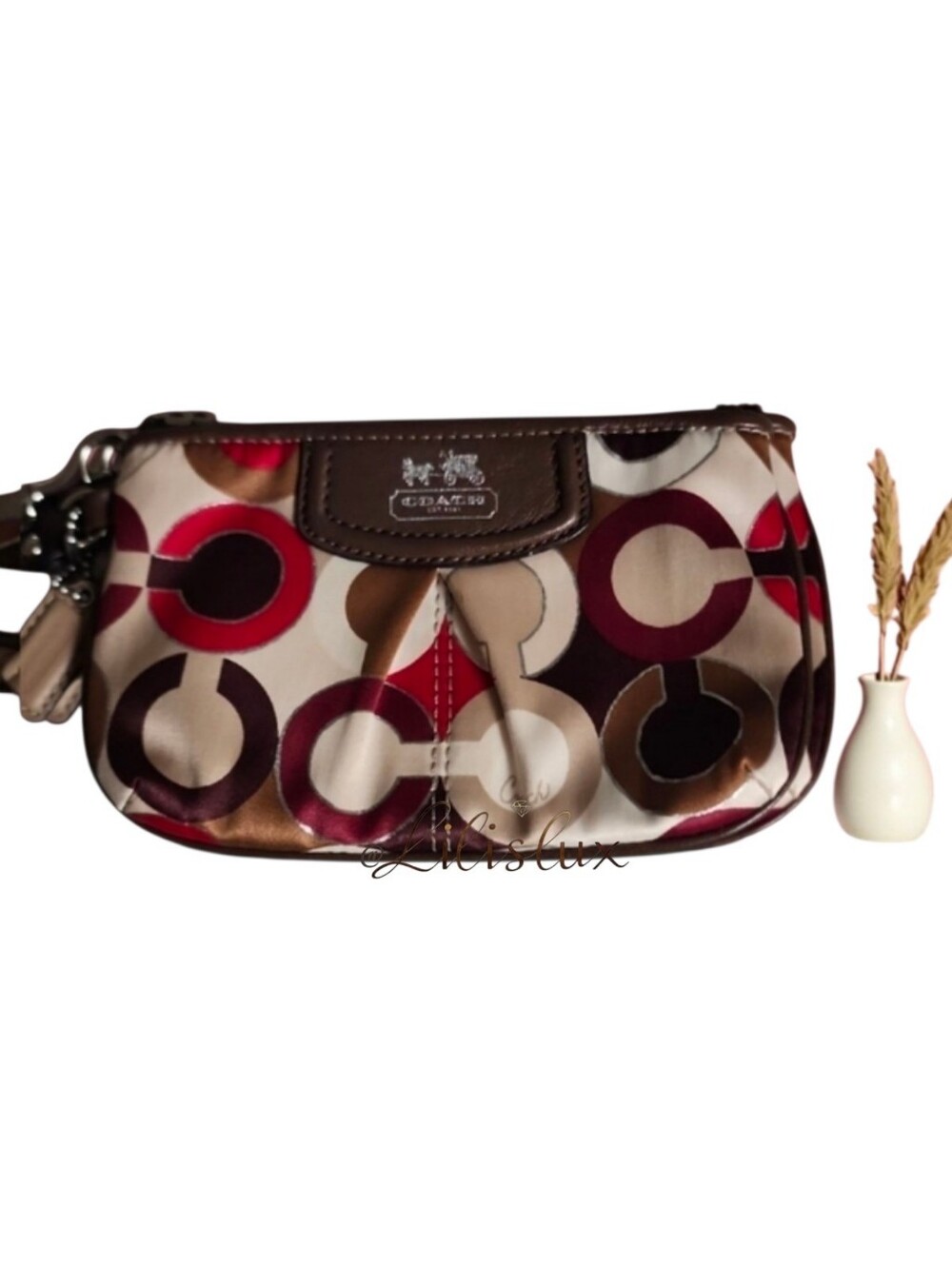 Coach Brown and Red OP Art Signature Satin And Leather Wristlet Vintage Y2K